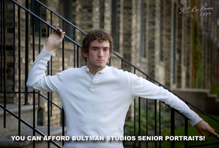 You can afford Bultman Studio Senior Portraits! Pictured is a young man posing outside against a stair railing. Copyrighted by Bultman Studios.
