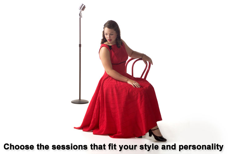Choose the sessions that fit your style and personality. Pictured is a young lady seated in a red dress near a microphone. Copyrighted by Bultman Studios.